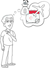 hand drawn artwork of a Person man thinking about spending money on travelling