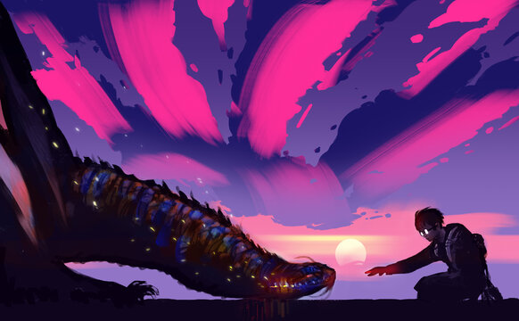 Digital illustration painting design style a boy trying touch dragon's head, against sunset.