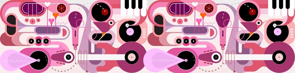 Abstract Music Mix. Horizontal flat design of different musical instruments and singing birds, vector illustration. Acoustic guitar, saxophone, piano keys, trumpets, microphone and gramophone.