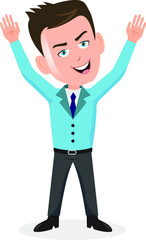 Happy Joyful Businessman salesman worker manager ceo giving hands up speech leading talking