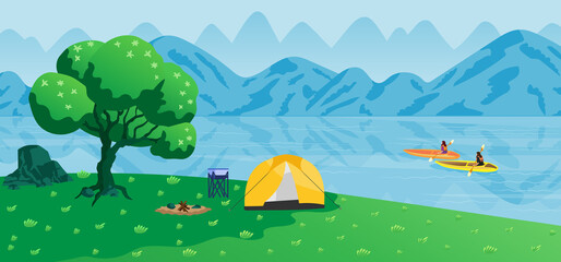 Obraz premium Tourists traveling and camping near the lake.