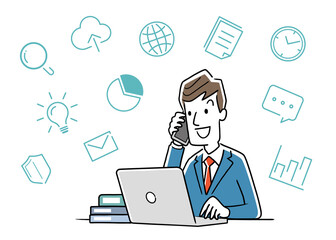 Vector illustration material: businessman calling while working on a computer