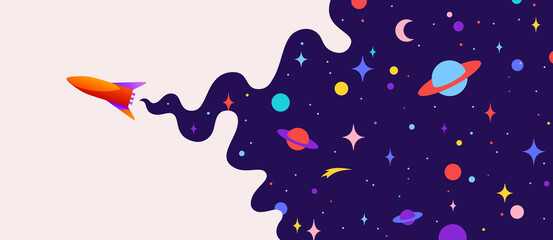 Universe. Motivation banner with universe cloud, dark cosmos, planet, stars and rocket spaceship. Banner template with universe starry dark night dream background. Vector Illustration