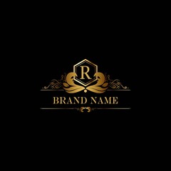 R premium luxury gold monogram logo. R letter logo. R monogram luxury gold logo.