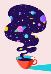 Coffee. Cup of coffee with universe dreams, planet, stars, cosmos. Modern flat illustration. Banner for cafe, restaurant, menu, coffee dreams theme. Color contemporary art style. Vector Illustration