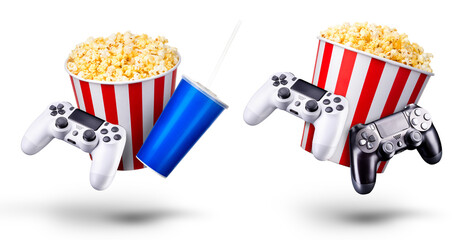 Flying popcorn and video game joystick gamepad isolated on a white background © Vasyl Onyskiv