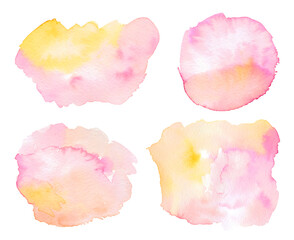 Set of watercolor pastel pink and yellow backgrounds with space for text. Light abstract splash on white backdrop, brush textures for logo.