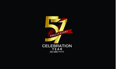 57 year anniversary red ribbon celebration logotype. anniversary logo with Red text and Spark light gold color isolated on black background, design for celebration, invitation - vector