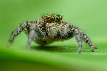 Close up of the Jumping Spiders on green leaf in the morning.