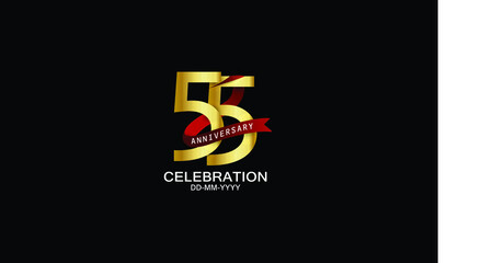Obraz premium 55 year anniversary red ribbon celebration logotype. anniversary logo with Red text and Spark light gold color isolated on black background, design for celebration, invitation - vector