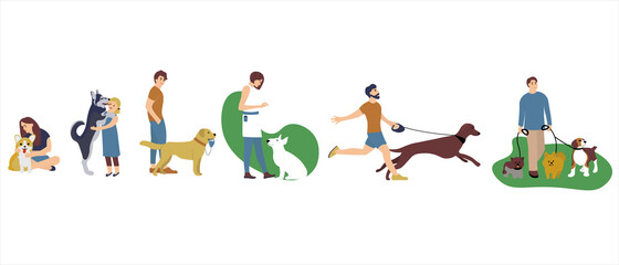 set of people walking with dogs different breeds. Man, woman and children with pet play in park. Collection cartoon character with pets outdoor. Vector illustration in flat style