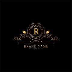 R premium luxury gold monogram logo. R letter logo. R monogram luxury gold logo.