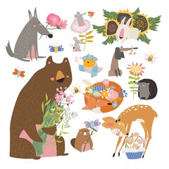 Obraz na płótnie Canvas Cartoon set with cute animals holding bouquet of flowers