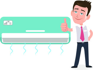 salesman businessman user customer giving a big thumbs up in front of air conditioner ac