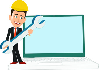 Repairman standing on a laptop with a double head wrench blank empty template yellow hat on head