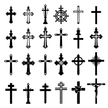 Catholic christian religious cross with ornament vector icons.