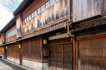 Kanazawa, Japan. Higashi Chaya Geisha district with old wooden houses, teahouses, geisha performances and shops.