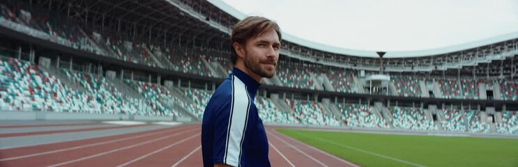 Young adult Caucasian male sportsman soccer player entering and admiring a large empty stadium. Shot on RED Cinema camera - Powered by Adobe