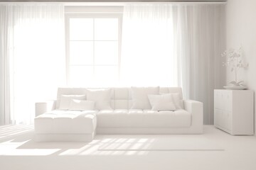 White room with sofa. Scandinavian interior design. 3D illustration