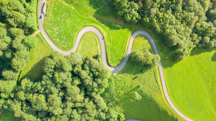 aerial view of curved road
