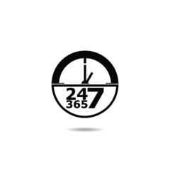 24 7 hours and 365 days icon. Any time working service or support symbol with shadow