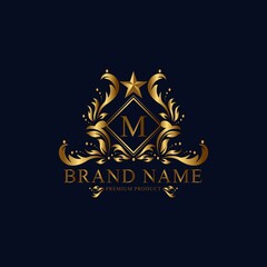M premium luxury gold monogram logo. M letter logo. M monogram luxury gold logo.