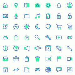 Basic UI vector icons set, modern solid bicolor symbol collection, filled style pictogram pack. Signs, logo illustration. Set includes icons as message, settings gear, phone call, notification, clock