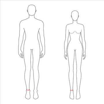 Women and men to do high ankle measurement fashion Illustration for size chart. 7.5 head size girl and boy for site or online shop. Human body infographic template for clothes. 