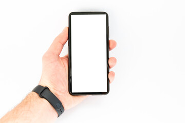 smartphone in men hand on a white background