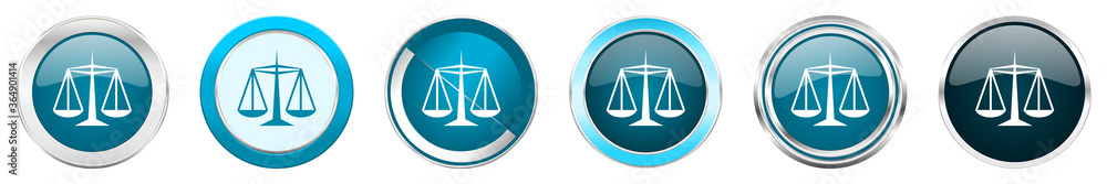 Aufkleber justice silver metallic chrome border icons in 6 options, set of web blue round buttons isolated on 