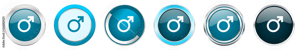 Poster male silver metallic chrome border icons in 6 options, set of web blue round buttons isolated on whi