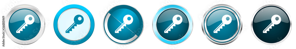 Aufkleber key silver metallic chrome border icons in 6 options, set of web blue round buttons isolated on whit