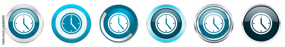 Poster Time silver metallic chrome border icons in 6 options, set of web blue round buttons isolated on white background