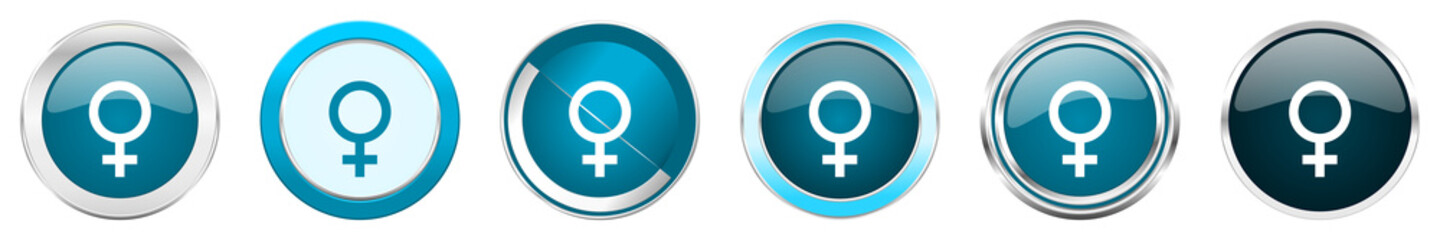 Female silver metallic chrome border icons in 6 options, set of web blue round buttons isolated on white background