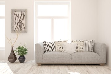 White modern room with sofa. Scandinavian interior design. 3D illustration