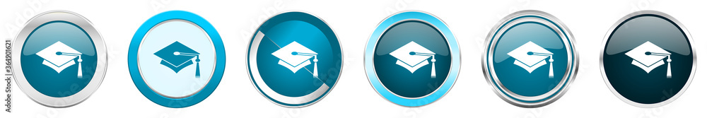 Poster education silver metallic chrome border icons in 6 options, set of web blue round buttons isolated o