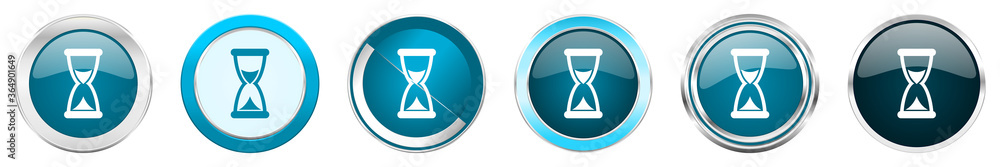 Poster Time silver metallic chrome border icons in 6 options, set of web blue round buttons isolated on white background