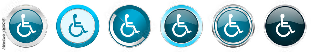 Aufkleber wheelchair silver metallic chrome border icons in 6 options, set of web blue round buttons isolated 