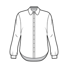 Classic shirt technical fashion illustration with button down front opening, round collar, long sleeves with cuff, oversized body. Flat apparel template front grey color. Women, men unisex CAD mockup