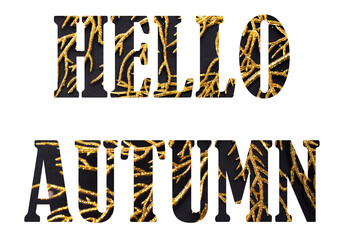 Hello Autumn, black and golden text on the white background. Seasonal banner on white background
