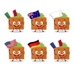 Wallet cartoon character bring the flags of various countries
