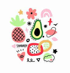 Summer abstract t-shirt design. Circle vector shapes on white background. Modern shape trendy geometric texture. Doodle kids art illustration, graphic woman girl design. Simple round fruits elements
