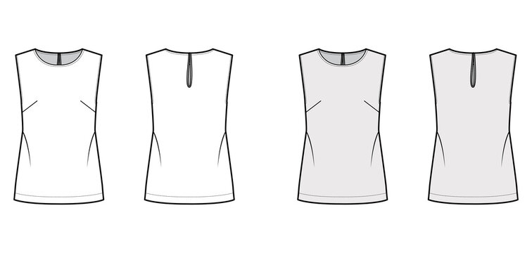 Sleeveless top technical fashion illustration with oversized body, round neck, button-fastening keyhole at back. Flat blouse apparel template front back, white grey color. Women, men unisex mockup 