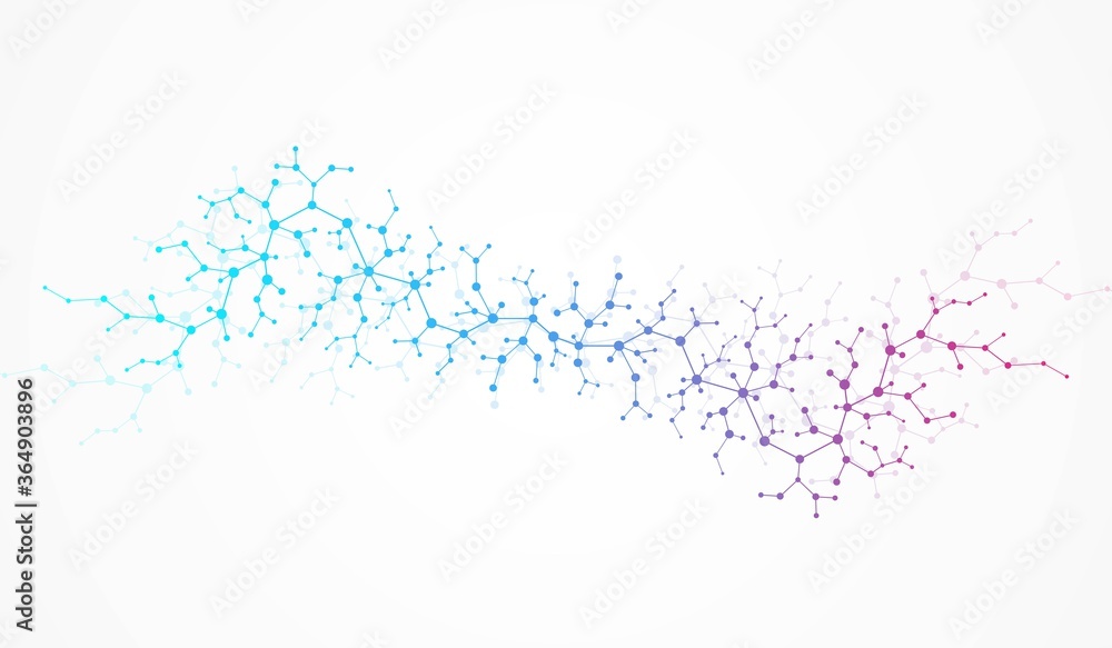Poster Molecular structure background. Science template wallpaper or banner with a DNA molecules. Asbtract scientific molecule background. Wave flow, innovation pattern. Vector illustration.