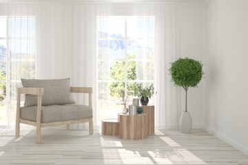 Idea of white stylish minimalist room with armchair and summer landscape in window. Scandinavian interior design. 3D illustration