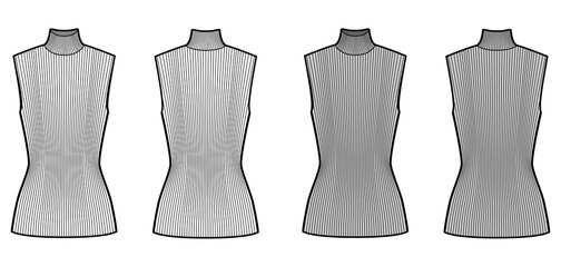 Turtleneck rib sweater technical fashion illustration with fitted tunic length body, sleeveless jumper. Flat shirt apparel template front, back, white grey color. Women, men unisex top CAD mockup