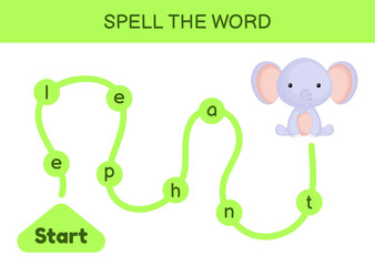 Maze for kids. Spelling word game template. Learn to read word elephant, printable worksheet. Activity page for study English.  Educational activity for development of children. Vector illustration.