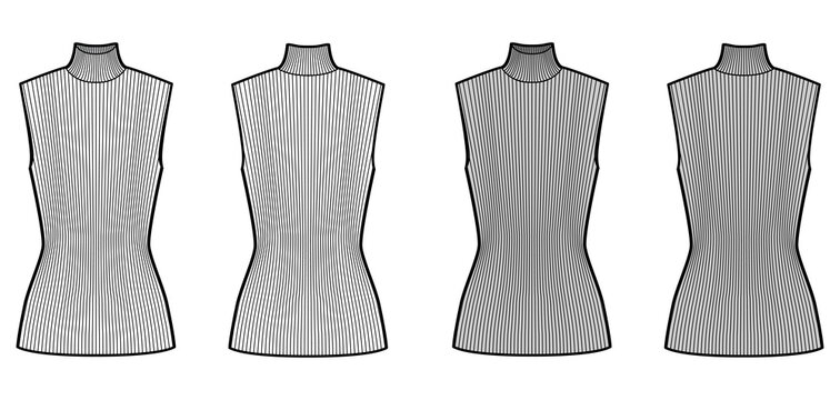 Turtleneck rib sweater technical fashion illustration with fitted tunic length body, sleeveless jumper. Flat shirt apparel template front, back, white grey color. Women, men unisex top CAD mockup