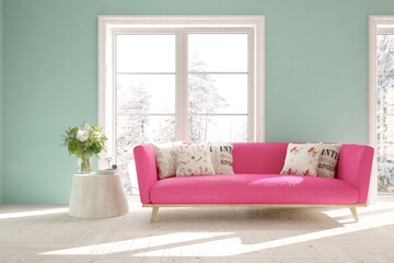 Colorful stylish minimalist room with sofa and winter landscape in window. Scandinavian interior design. 3D illustration