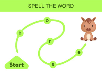 Maze for kids. Spelling word game template. Learn to read word horse, printable worksheet. Activity page for study English. Educational activity for development of children. Vector stock illustration.